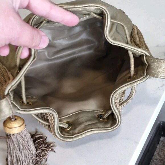 VNTG Sharif Rope Detailed Gold Leather Bucket Crossbody Bag Tasseled Medium - Picture 9 of 15